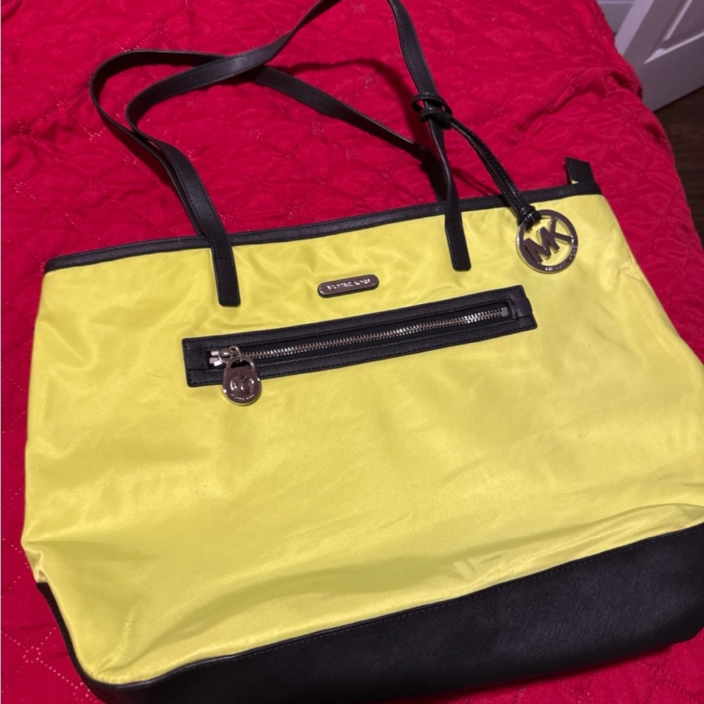 Michael Kors Yellow Tote with Black Accents and Textured Material